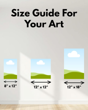 Load image into Gallery viewer, Size guide for art prints on a wall with dimensions displayed