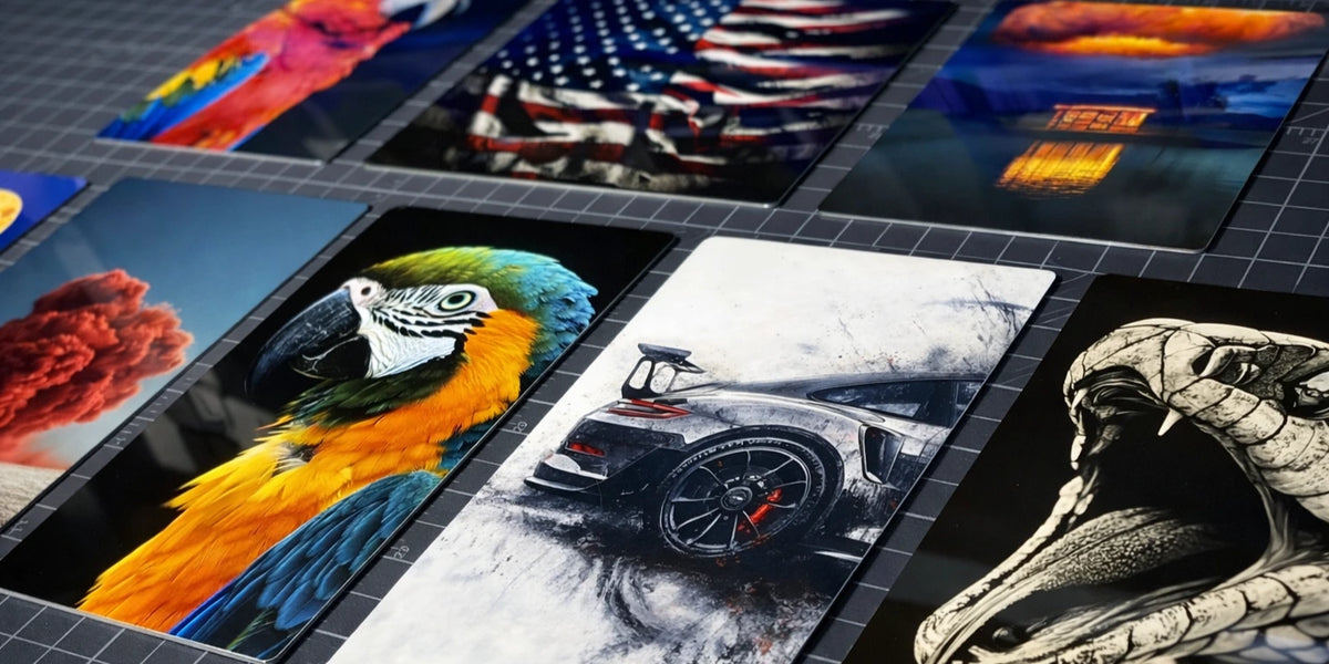 Collage of various metal prints including a parrot, car, and abstract art on a grid background